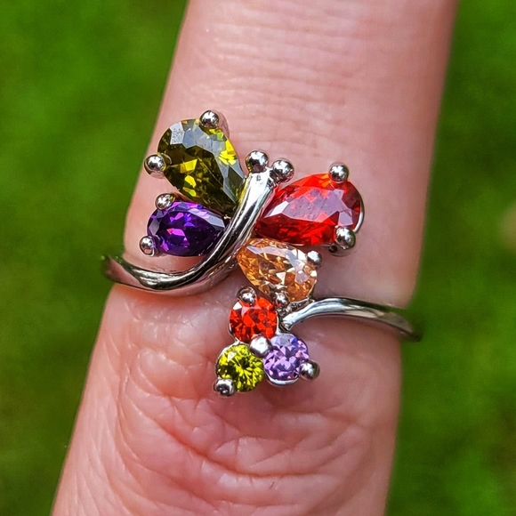 Dazzling Gemstone Butterfly Silver Ring Size 6.5 - Picture 3 of 11